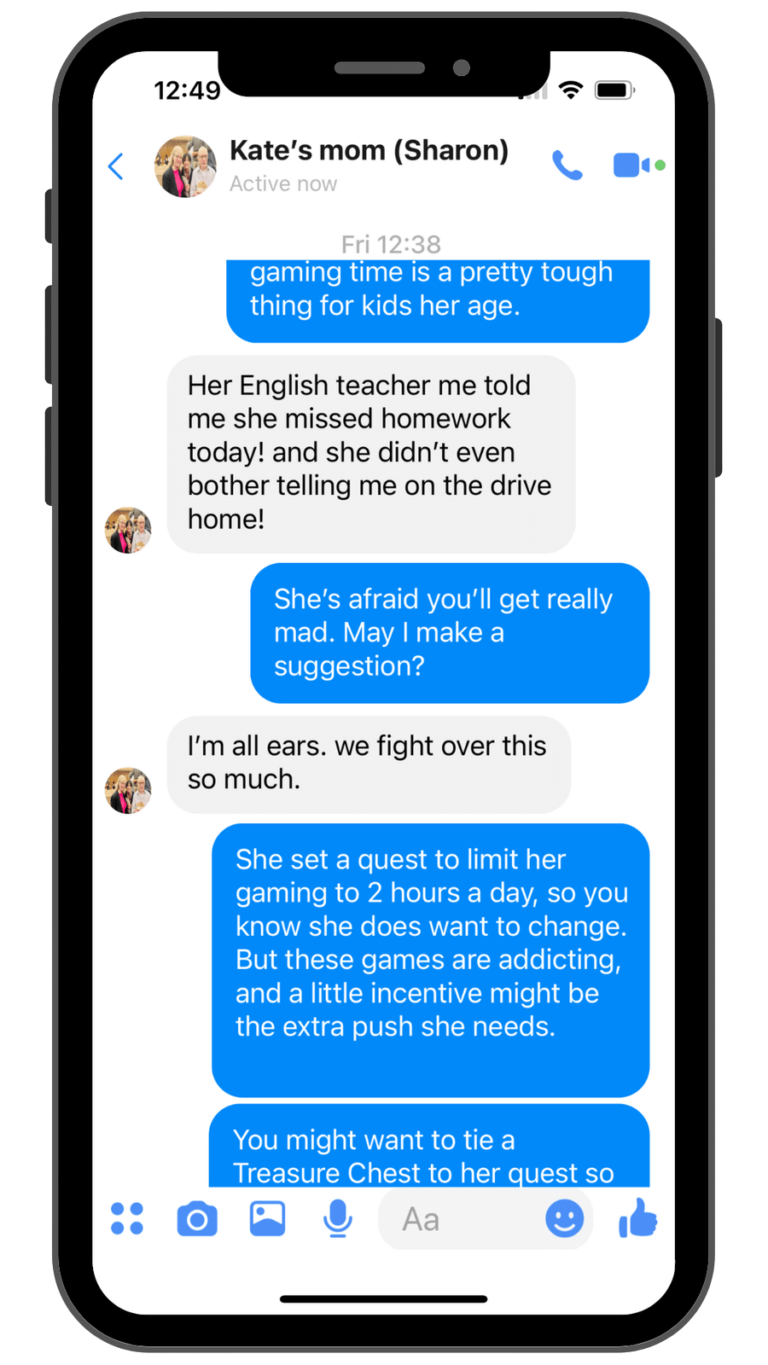 A smartphone screen shows a text conversation in a messaging app about limiting a child's gaming time, with healthcare providers suggesting incentives for behavior change.