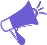 A simple purple megaphone icon with sound lines coming from the horn, representing communication or an announcement.