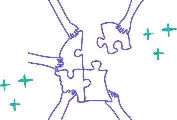 Four hands each hold a puzzle piece, assembling them together with decorative plus signs in the background—a symbol of new solutions coming together seamlessly.