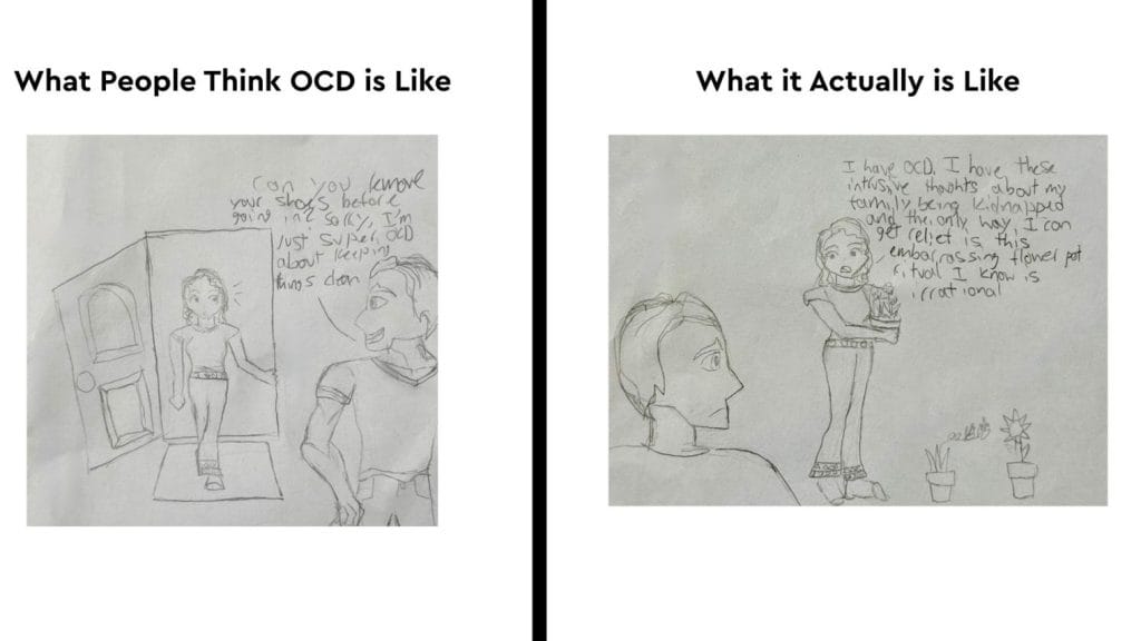 The Newest Buzzword (Part 1) | curaJOY Side-by-side drawings compare misconceptions about OCD; left shows a neatness stereotype, right depicts intrusive thoughts and anxiety, highlighting that OCD is more than just the newest buzzword.