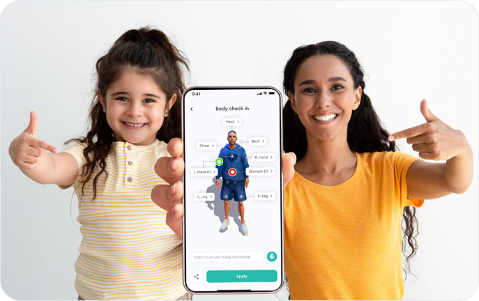 A woman and a young girl smile and point at a smartphone displaying a body check-in app with a diagram of a human body and labeled body parts.