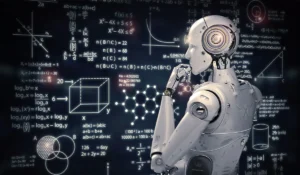 A humanoid robot stands in front of a blackboard filled with mathematical formulas, graphs, and equations, appearing to analyze or contemplate the machine learning concepts presented.