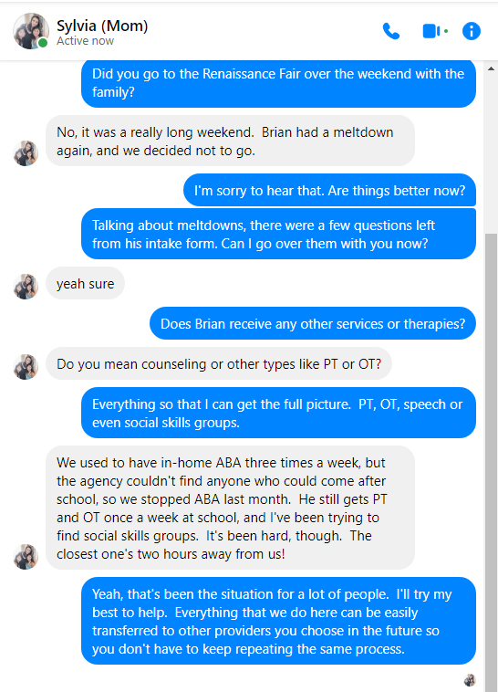 A Facebook Messenger chat between a user and their mom discussing their child Brian’s meltdowns, therapy services, and the challenges of finding adequate healthcare providers for in-home ABA therapy.