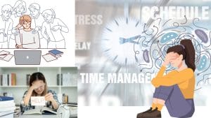 A collage depicting stress: Real Human Beings watch a worried person at a laptop, while a woman holds a “HELP” sign at her desk and another sits overwhelmed by clocks and schedule-related words—a stark contrast to the impersonal Grade Machine.