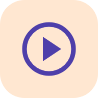 Purple play button enclosed in a purple circle on a light peach rounded square background.