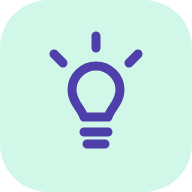 Purple light bulb icon with three rays on a pale green rounded square background.