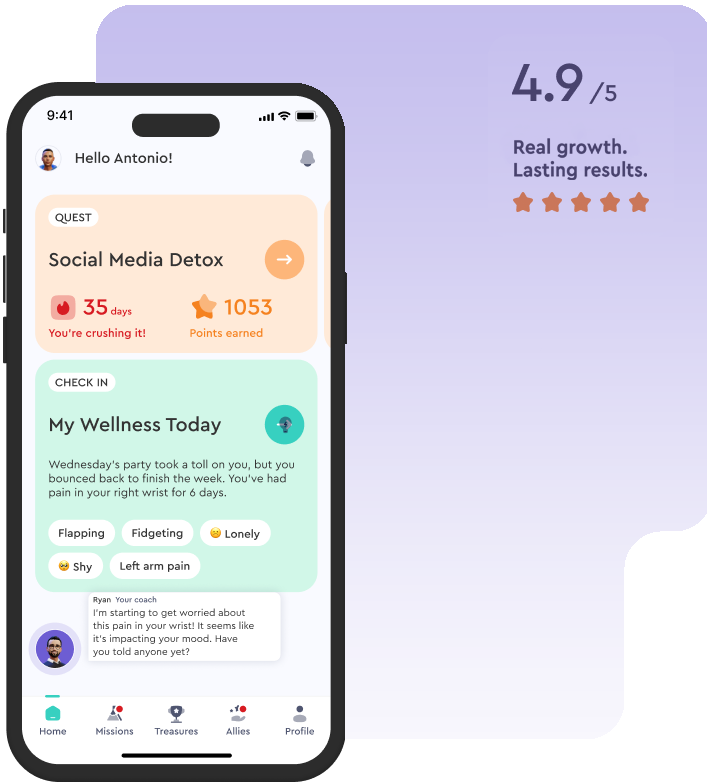 A smartphone displays a wellness app with a social media detox quest and a wellness check-in; a 4.9/5 rating with five stars appears in the background.