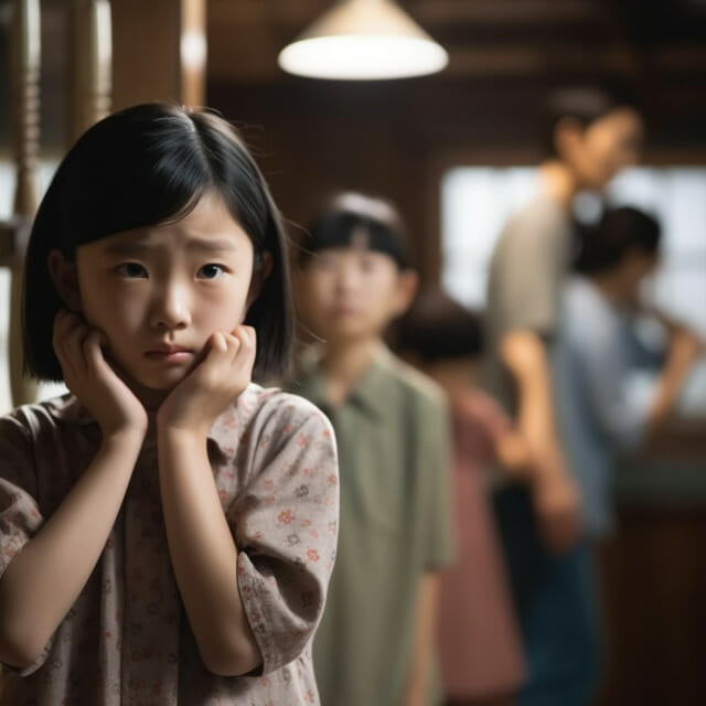 A young Chinese girl is standing in front of a group of people.