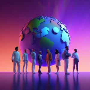 A group of people standing around a globe, promoting healthcare equity and family wellness.