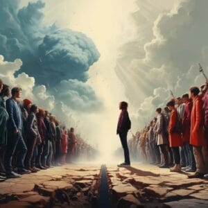 A crowd of people standing in front of a cloud, pondering "Who’s side are you on?