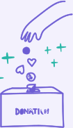 A hand drops a coin with symbols of a heart and a globe into a box labeled "donation," surrounded by plus signs.