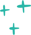 Three teal sparkle or plus-shaped symbols are scattered on a white background.