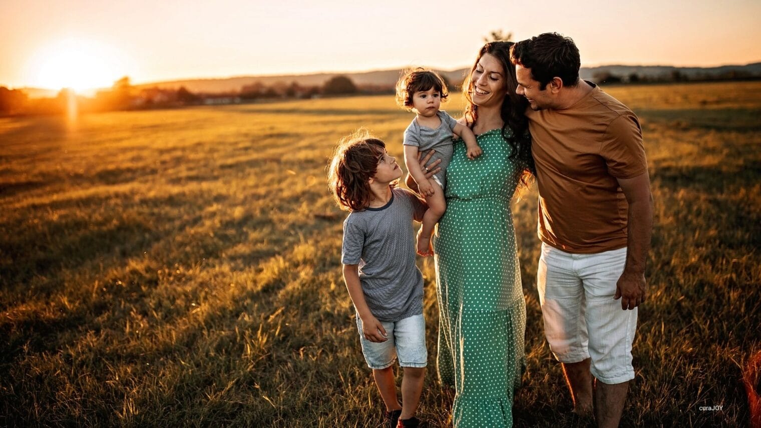 Parents and their two children sharing a moment together in a sunlit field