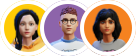 Three illustrated avatars in round frames: a woman with black hair in yellow, a man with glasses in purple, and a woman with dark hair in orange.