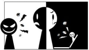 A sad figure is confronted by an angry figure in person and online, with symbols and lightning bolts illustrating the effects of cyberbullying and highlighting different types of cyberbullying.