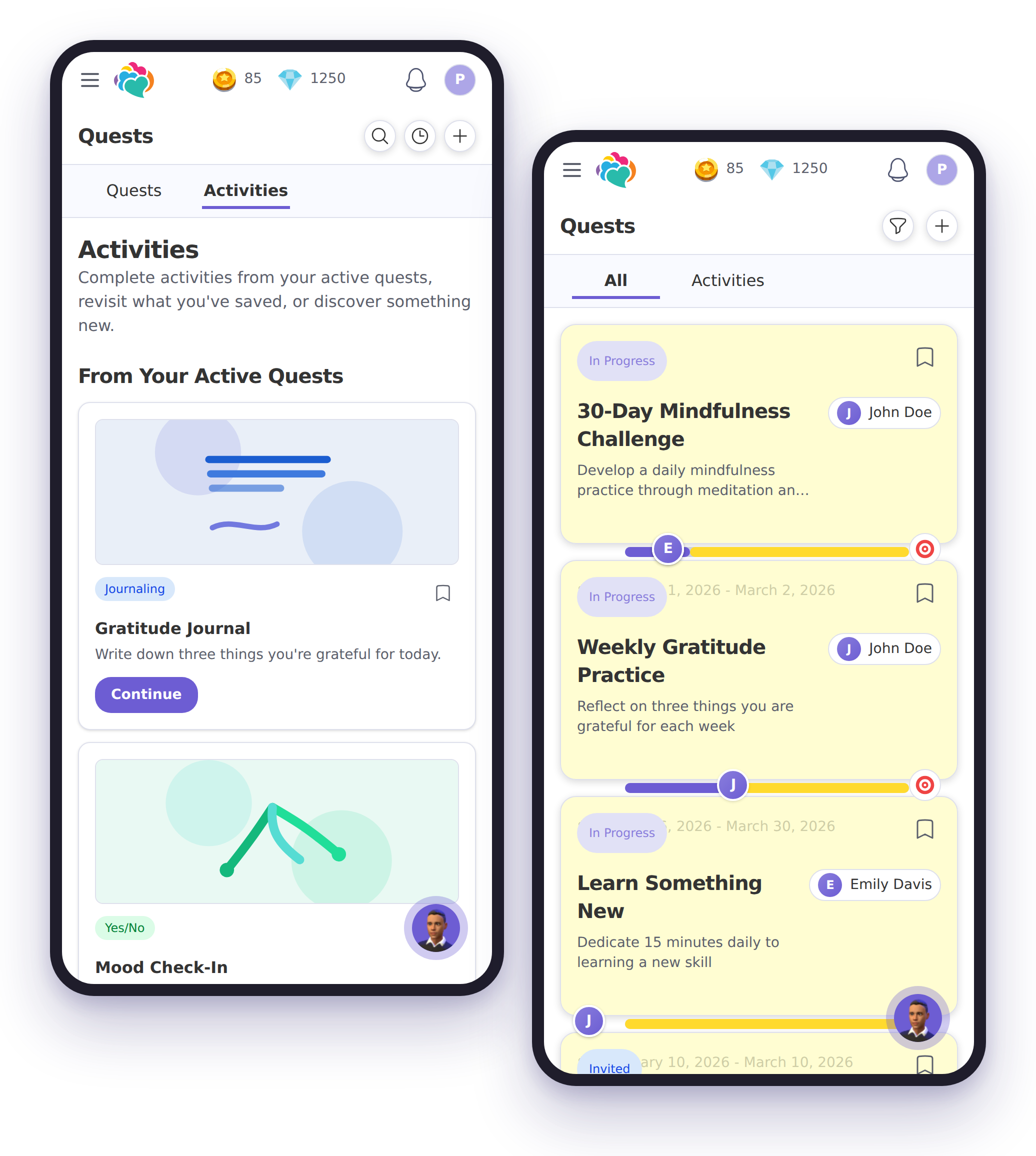 MyCuraJOY activity and quest screens showing practical activities and progress toward a goal