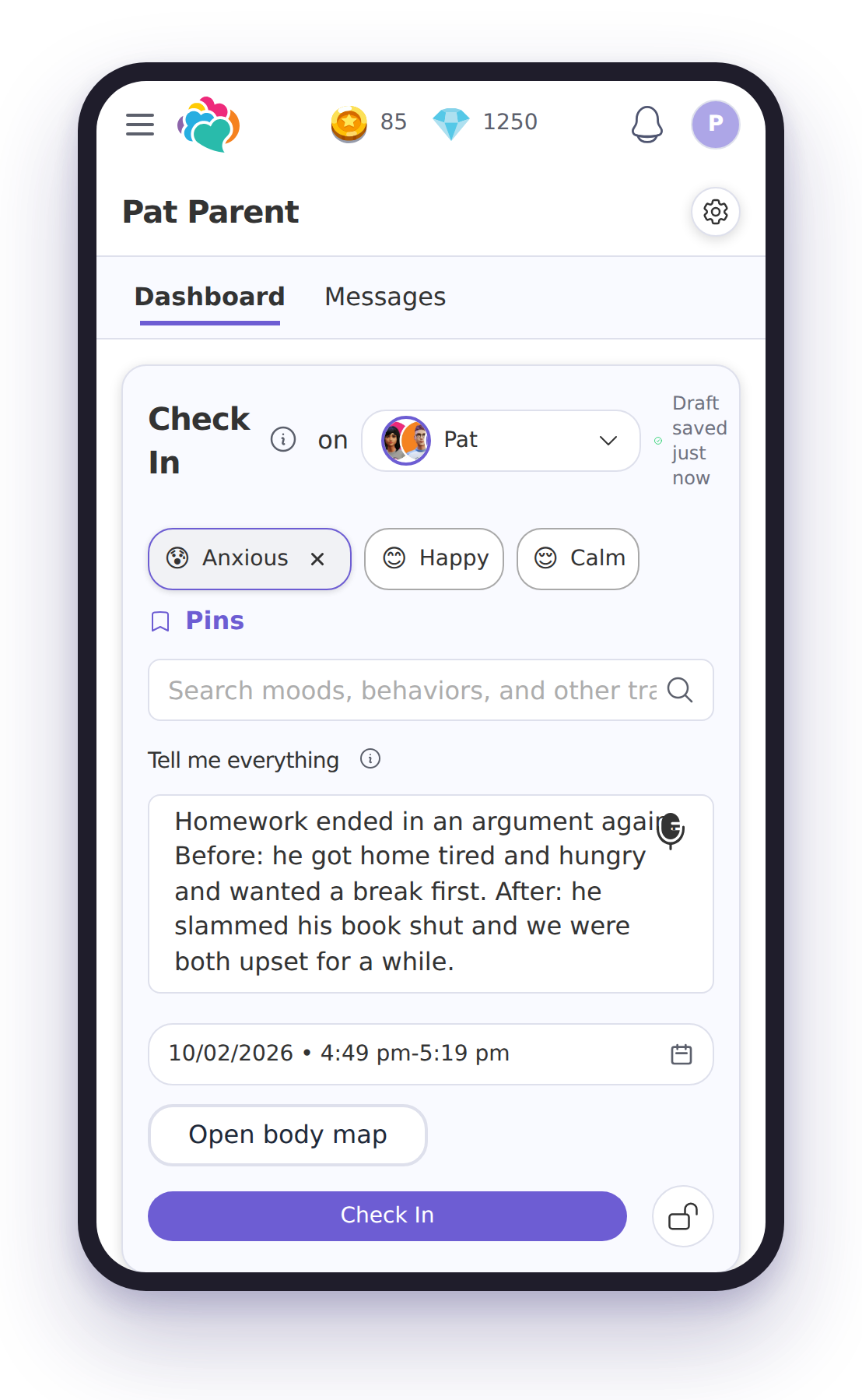 MyCuraJOY check-in screen for adding what happened and the context around it