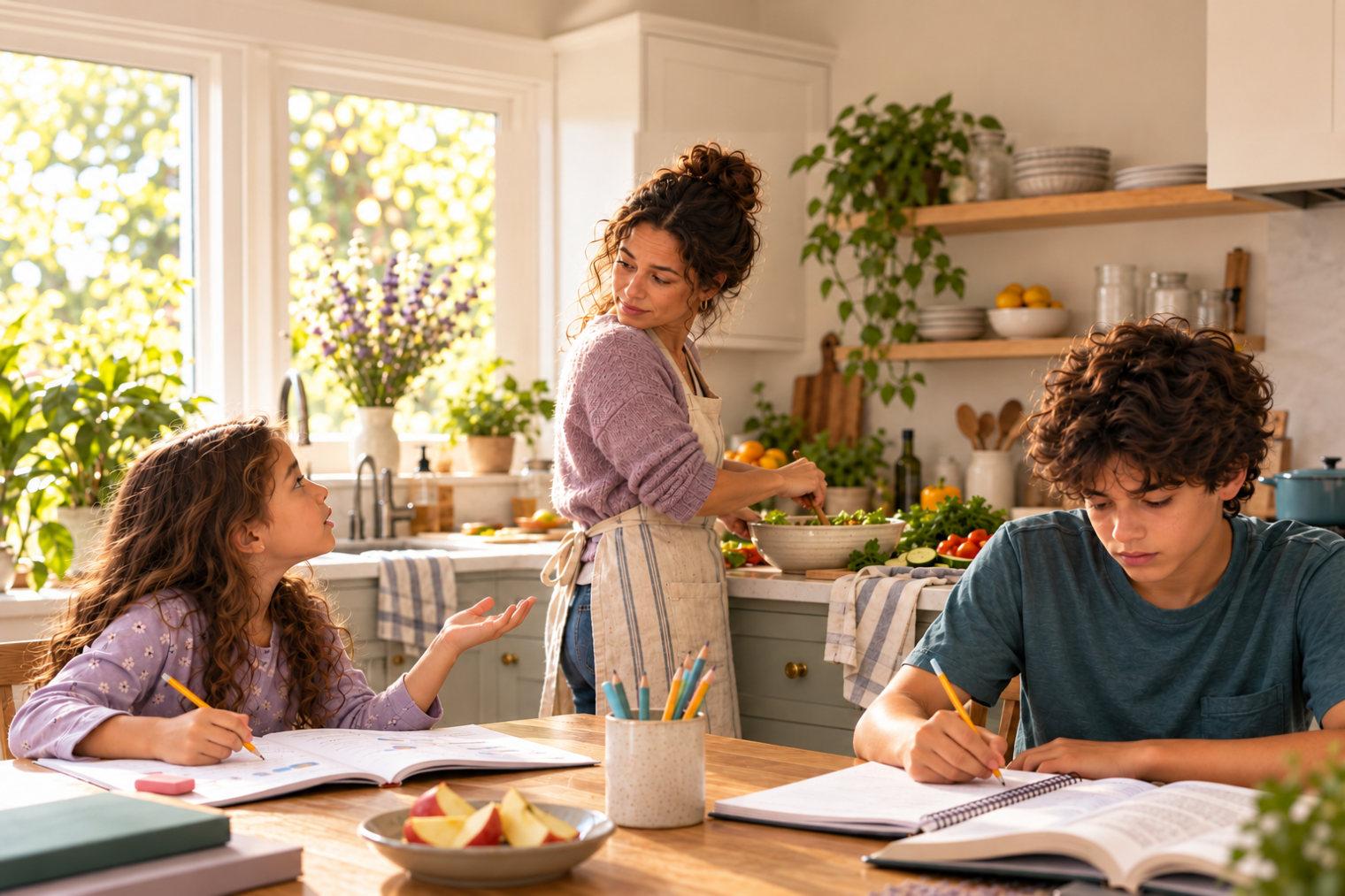 Illustration of a family navigating homework, questions and dinner preparation at the kitchen table