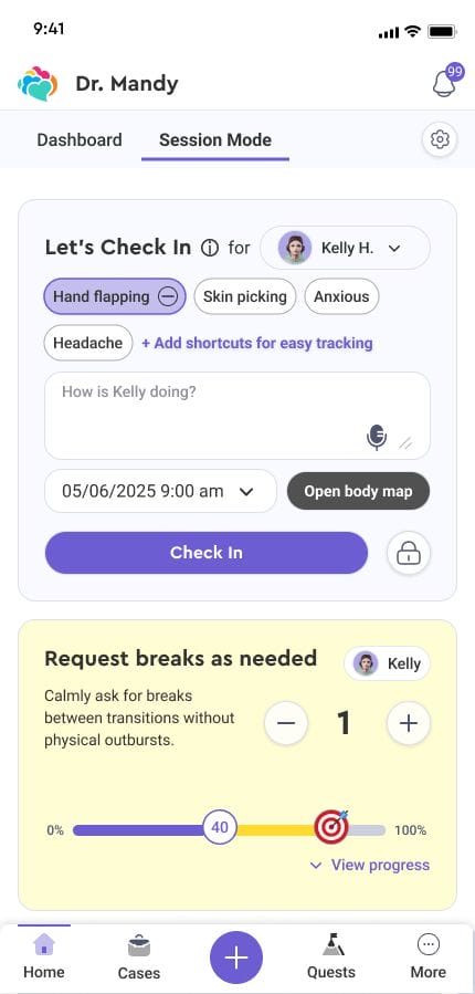 A dashboard interface for session check-in helps healthcare providers track behaviors, enter notes, and use a slider to request breaks, along with buttons for check-in and progress tracking.